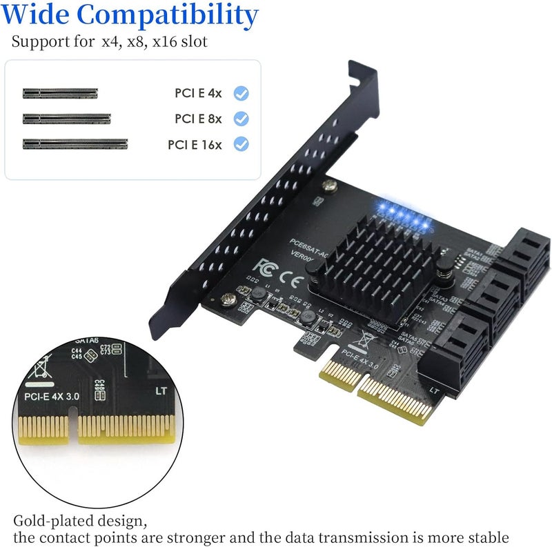 Xdingjiala PCIe SATA Expansion Card 6 Ports 4X with ASM1166 Chip - 6Gbps, Gen 3 Controller Adapter, Non-Raid, with 6 SATA Cables & Low - Profile Bracket, Plug and Play for Windows XP/7/8/10, Linux, MAC OS - Image 3